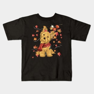 Maple Dog Leaf Fall Hello Autumn Funny Yorkie Lover Kids T-Shirt